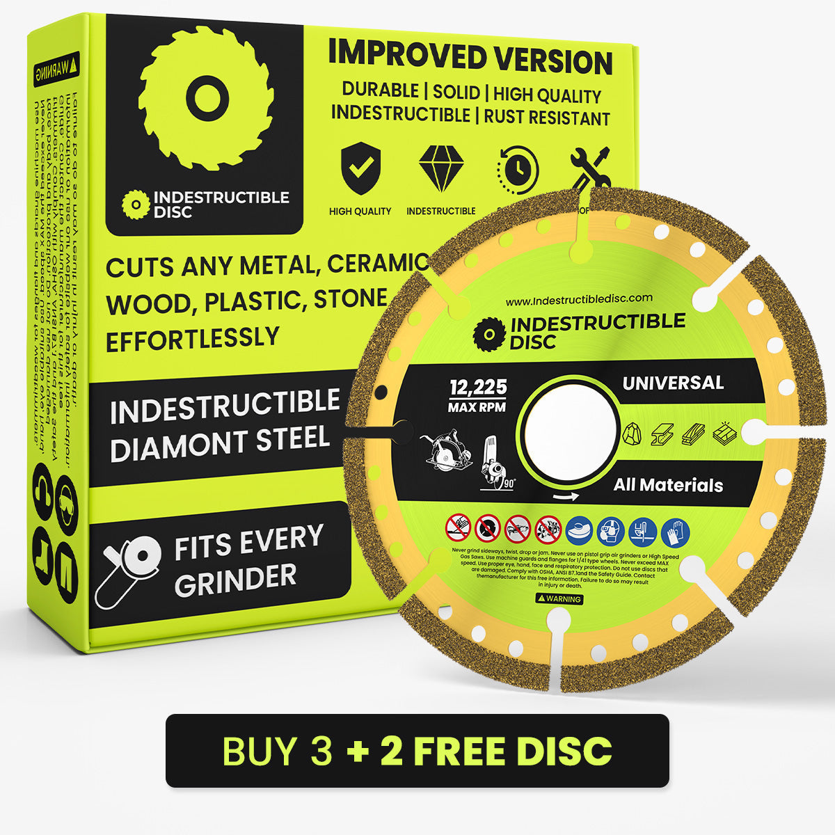 Indestructible Disc 3.0 concrete and stone cutting disc in its retail box, gold 4 inch disc for angle grinders