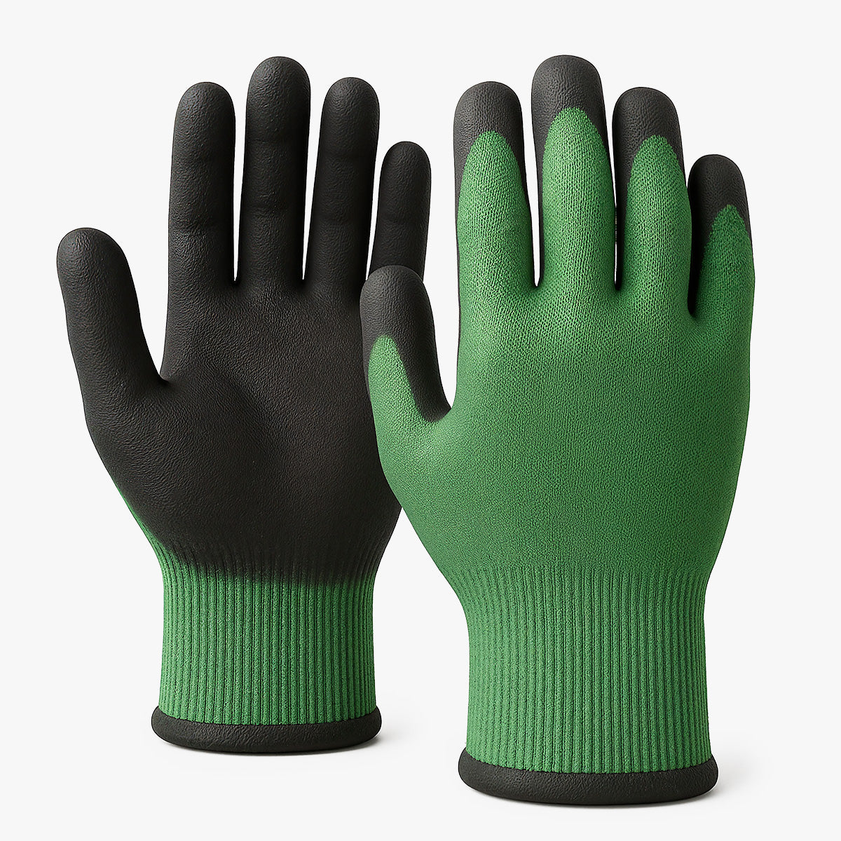 Cut resistant work gloves with green knit shell and black coated palm