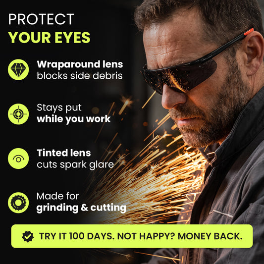 Man wearing the safety glasses while grinding steel with sparks
