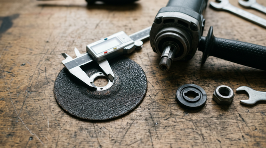 Caliper measuring the arbor hole of a cutting disc next to an angle grinder spindle and flanges
