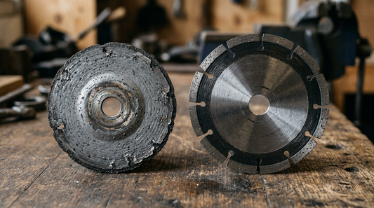 A worn down abrasive wheel next to a full size diamond rimmed disc