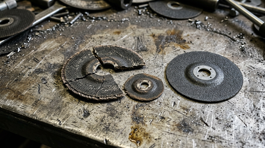 Worn and cracked cutting discs on a steel workbench next to an intact disc