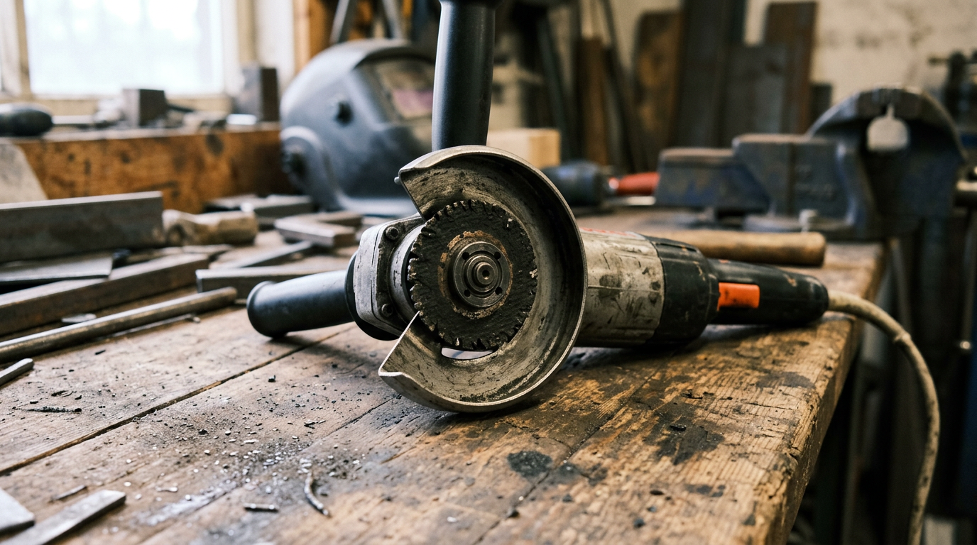 Angle grinder resting on a workbench beside cutting discs