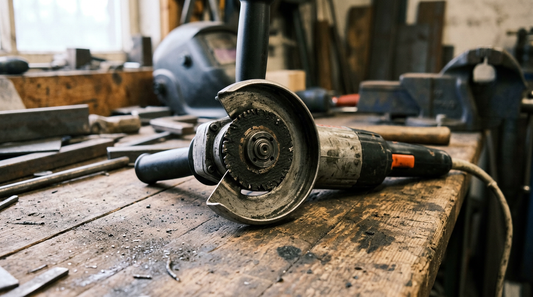 Angle grinder resting on a workbench beside cutting discs