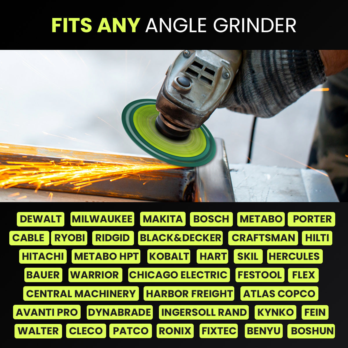 Indestructible Disc mounted on an angle grinder, fits DeWalt, Makita, Bosch, Milwaukee and other brands