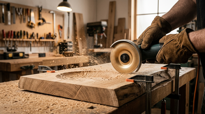Angle grinder with a gold carving disc shaping an oak slab, wood chips flying