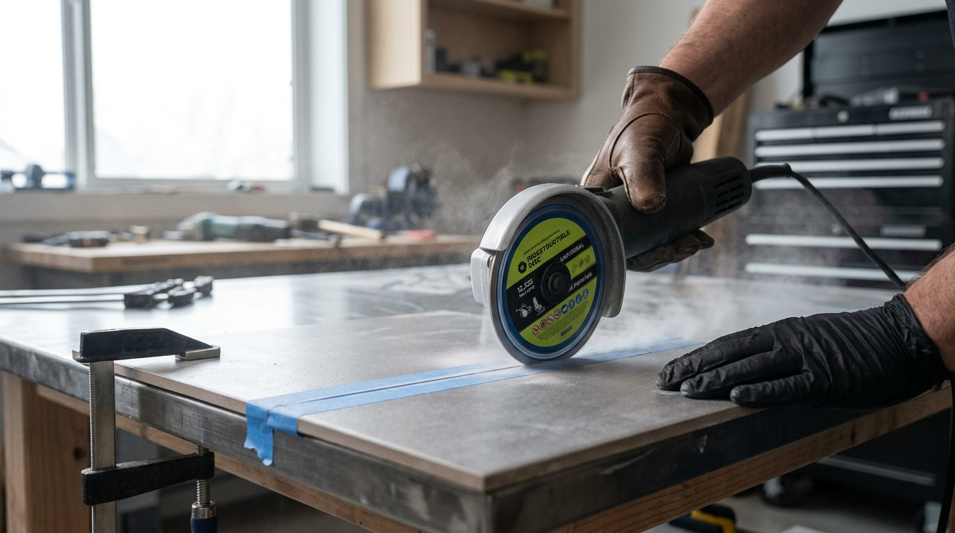 Angle grinder cutting a ceramic tile marked with painter tape on a workbench