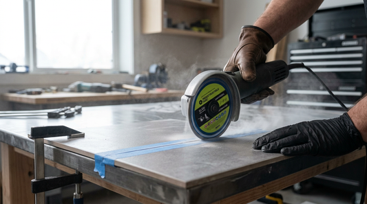Angle grinder cutting a ceramic tile marked with painter tape on a workbench
