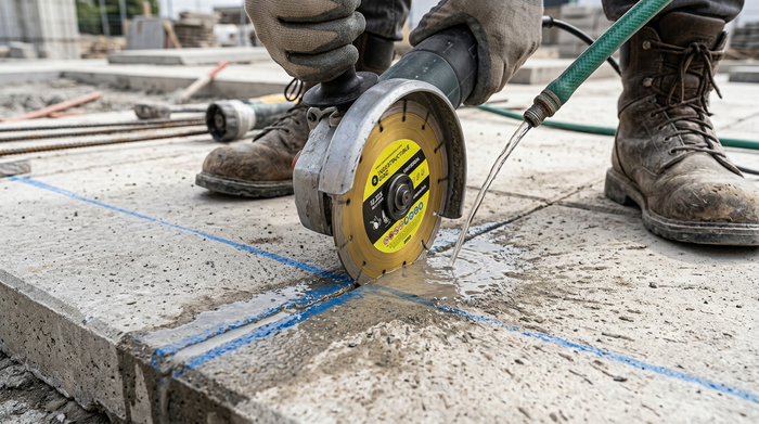 Angle grinder score cutting a concrete paving slab with water to control dust