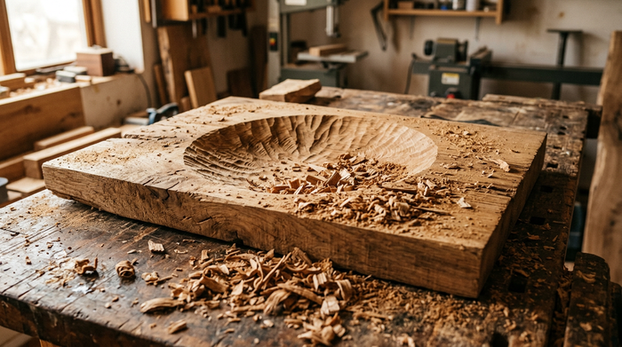 Shallow bowl carved into an oak slab showing the tooled facets left by a carving disc