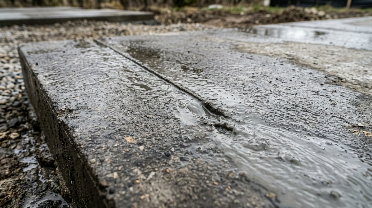 Concrete slab being wet cut with an angle grinder, water and grey slurry running along the cut line