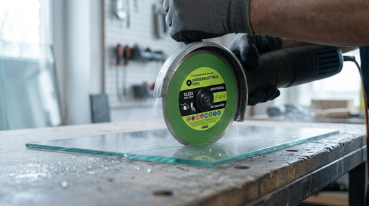 Angle grinder with the green Indestructible Disc cutting a pane of glass on a workbench