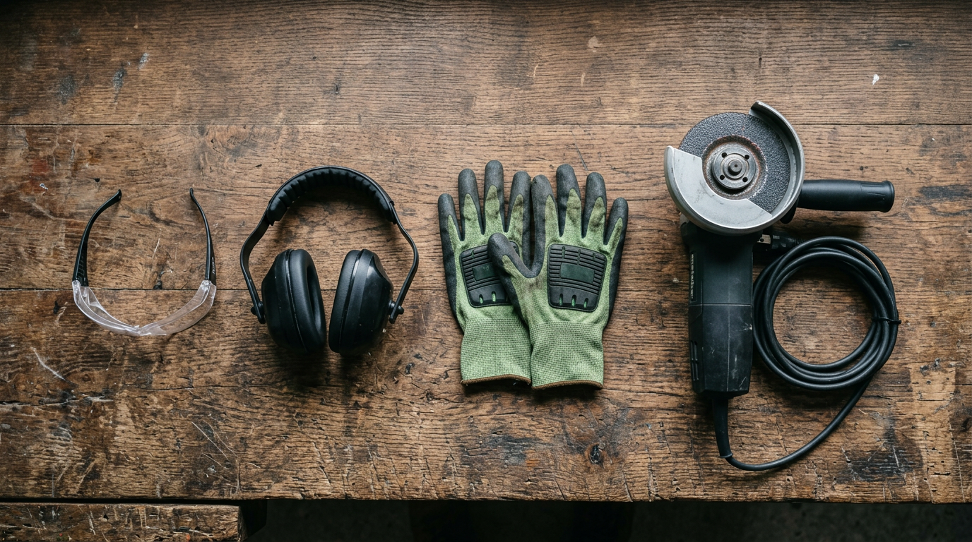 Safety glasses, ear protection, cut resistant gloves and an angle grinder with guard laid out on a workbench
