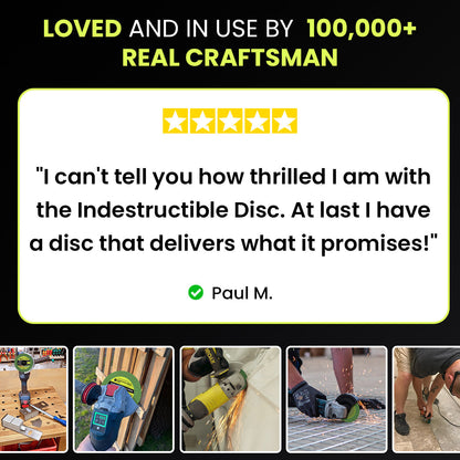 Five star customer review of the Indestructible Disc with photos from customers at work