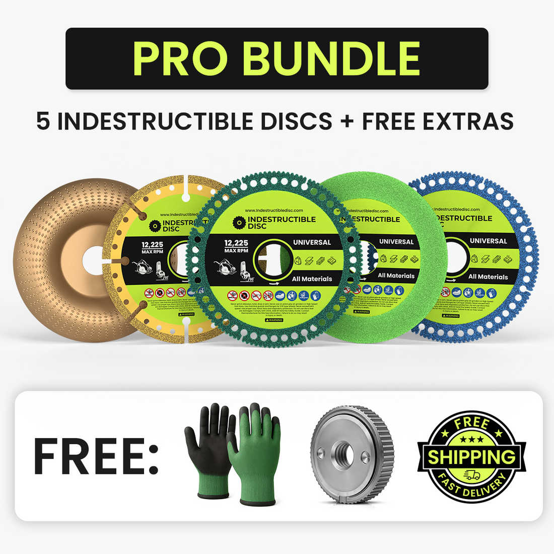 Pro Bundle with five Indestructible Discs for metal, stone, tile, glass and wood, plus free extras