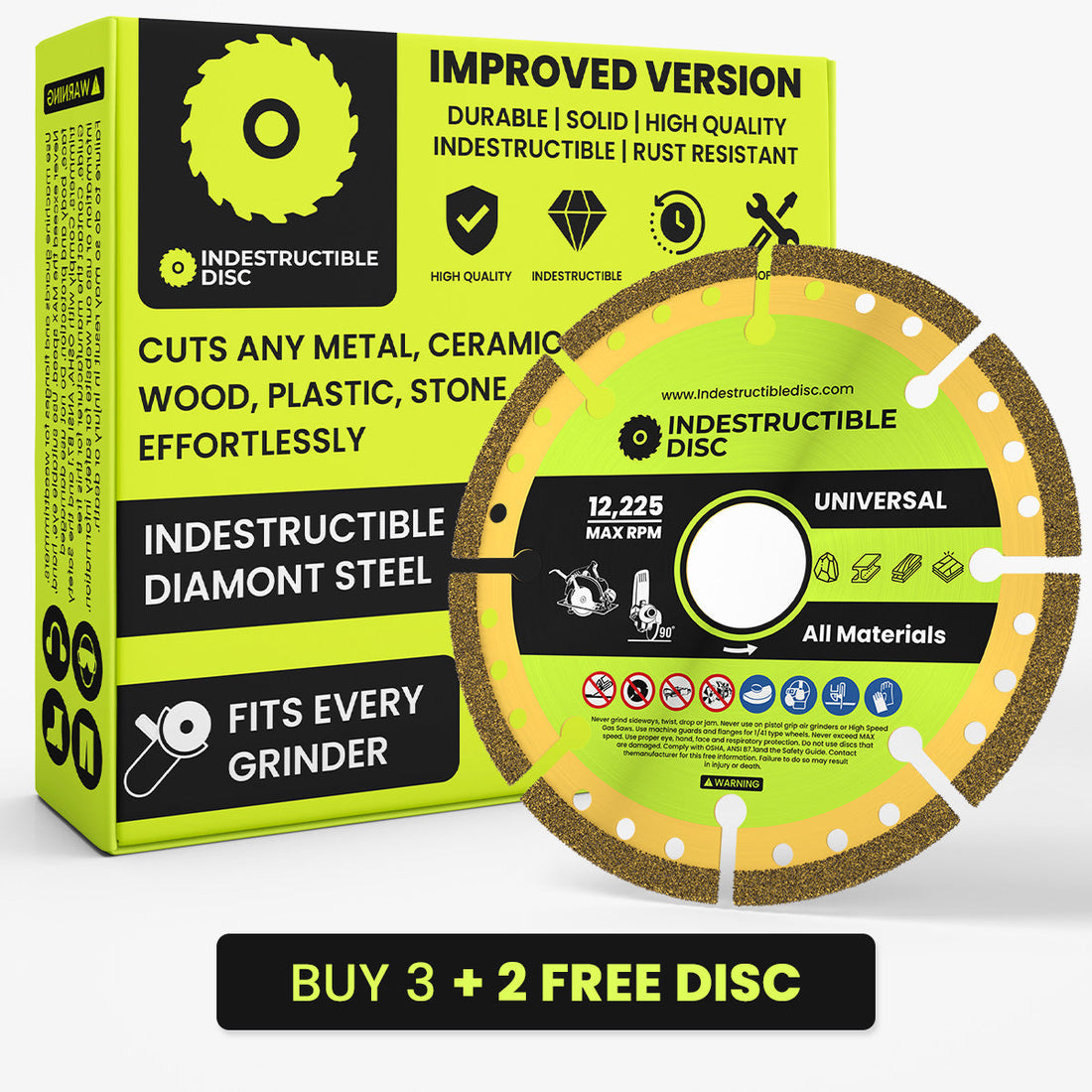 Indestructible Disc 3.0 concrete and stone cutting disc in its retail box, gold 4 inch disc for angle grinders