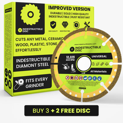 Indestructible Disc 3.0 concrete and stone cutting disc in its retail box, gold 4 inch disc for angle grinders