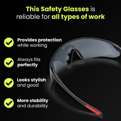 Safety glasses features: eye protection while working, secure fit