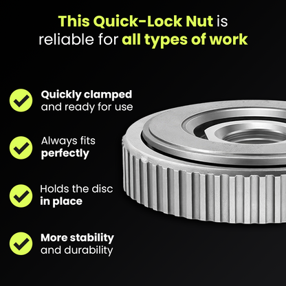 Quick-lock nut features: hand tight, holds the disc flat, no wrench needed
