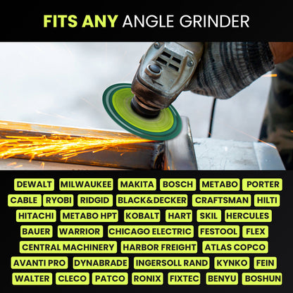 Indestructible Disc 2.0 mounted on an angle grinder, fits DeWalt, Makita, Bosch, Milwaukee and other brands