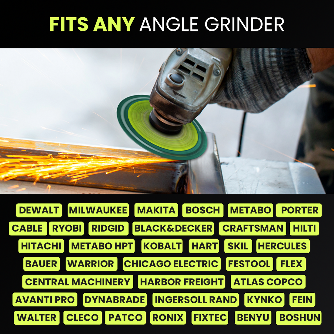 Indestructible Disc on an angle grinder, fits DeWalt, Makita, Bosch, Milwaukee and other brands