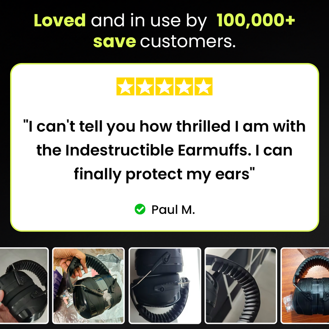 Five star customer review of the hearing protection earmuffs with customer photos