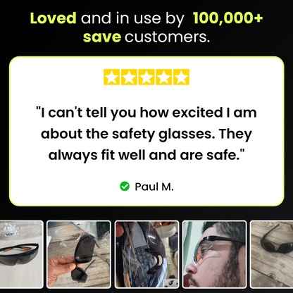 Five star customer review of the safety glasses with photos from customers