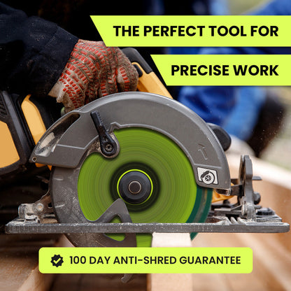 green metal cutting disc mounted on a saw for precise work