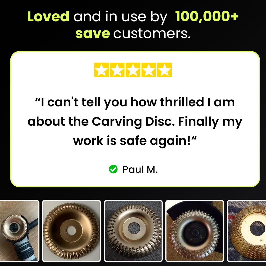 Five star customer review of the Indestructible Carving Disc with photos from customers at work