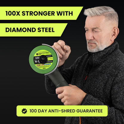 Craftsman holding an angle grinder fitted with the green glass cutting disc