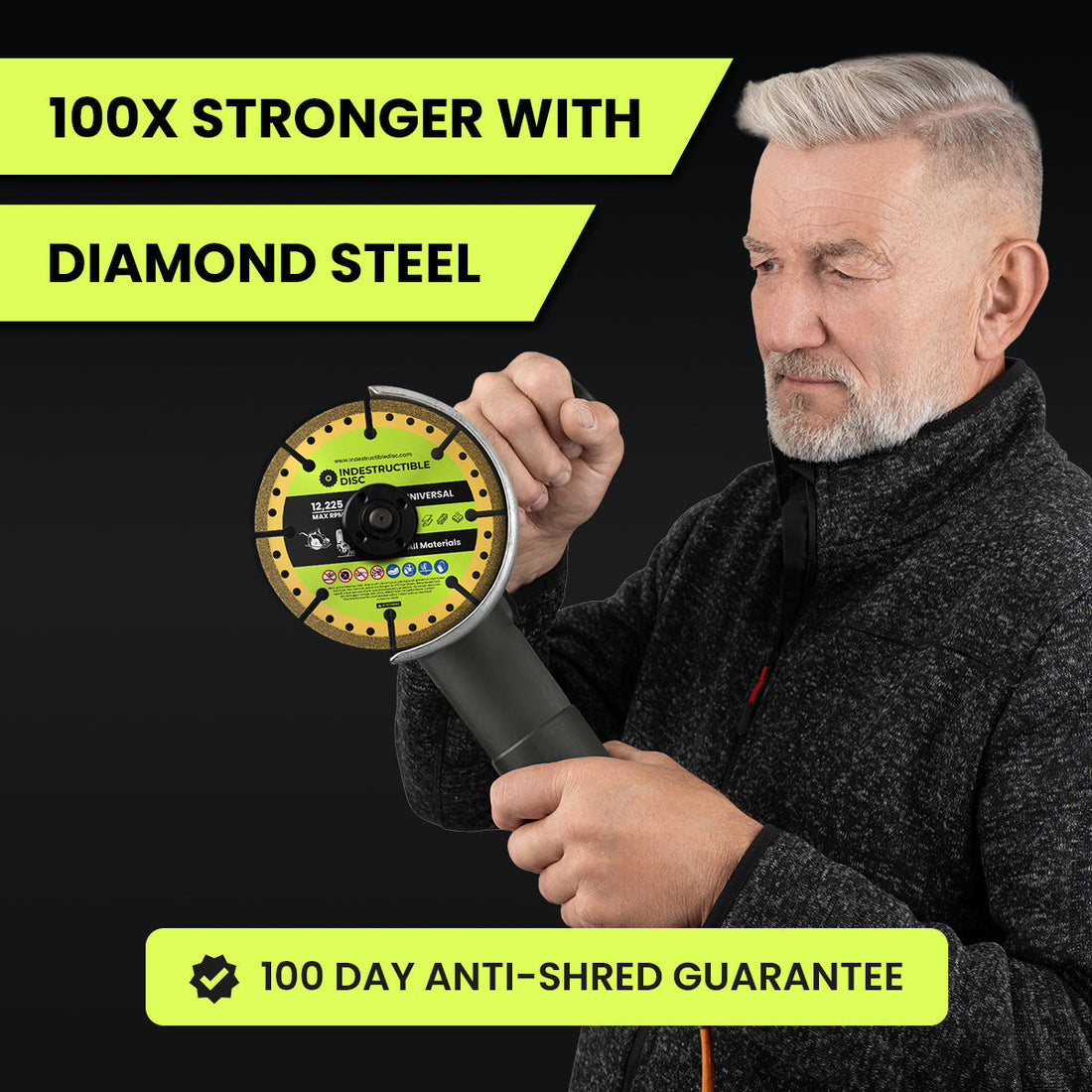 Craftsman holding an angle grinder fitted with the gold concrete and stone cutting disc