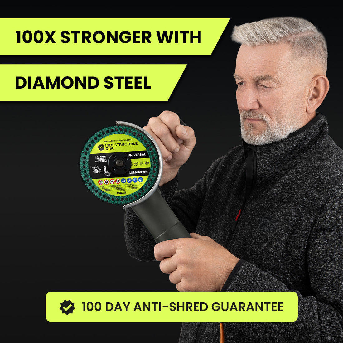 Craftsman holding an angle grinder fitted with the green metal cutting disc