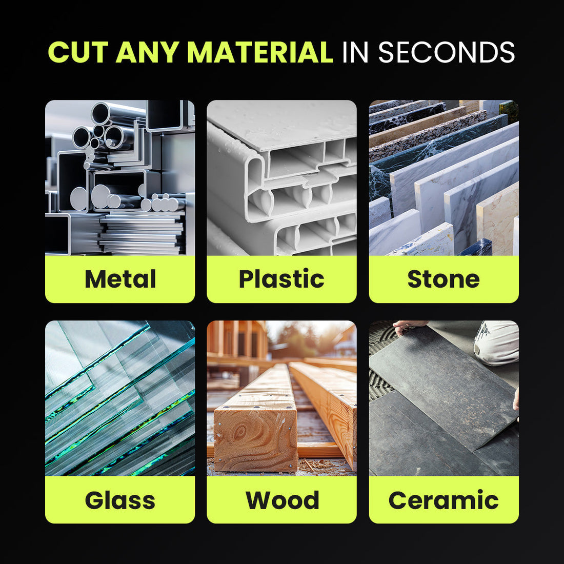 Materials the disc cuts: metal, plastic, stone, glass, wood and ceramic
