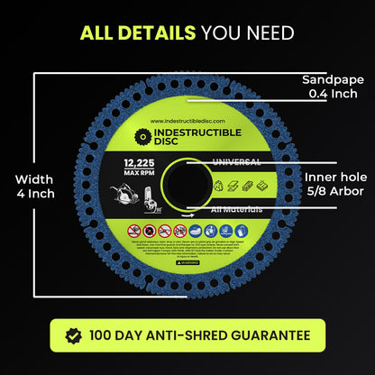 Dimensions of the Indestructible Disc 4.0: 4 inch width, 5/8 arbor, 12,225 max RPM