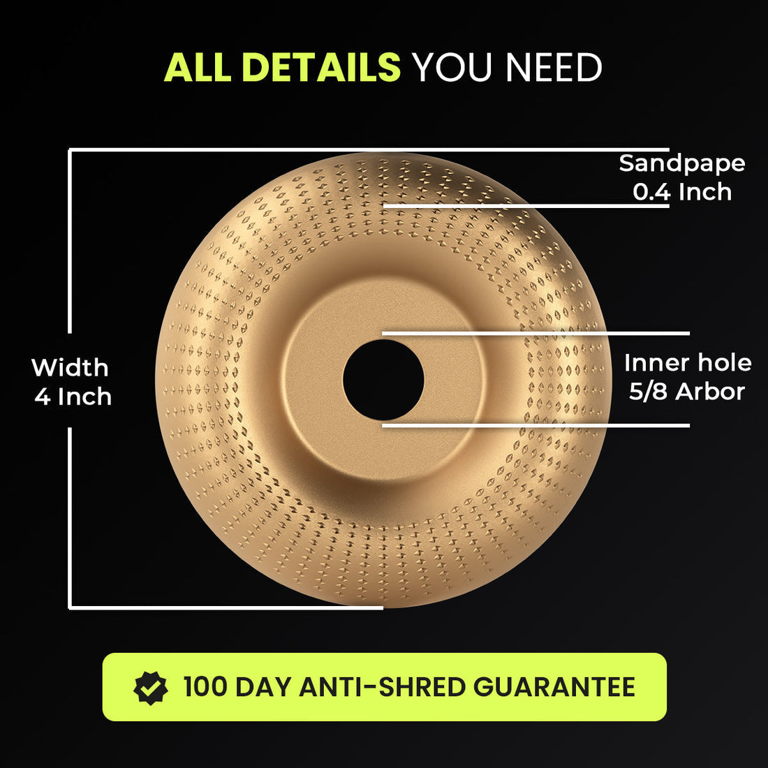Dimensions of the Indestructible Carving Disc: 4 inch width, 5/8 arbor, 12,225 max RPM