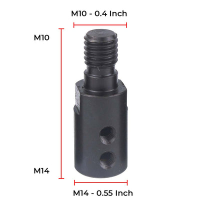Measurements of the M14 to M10 adapter: M14 thread 0.55 inch, M10 thread 0.4 inch