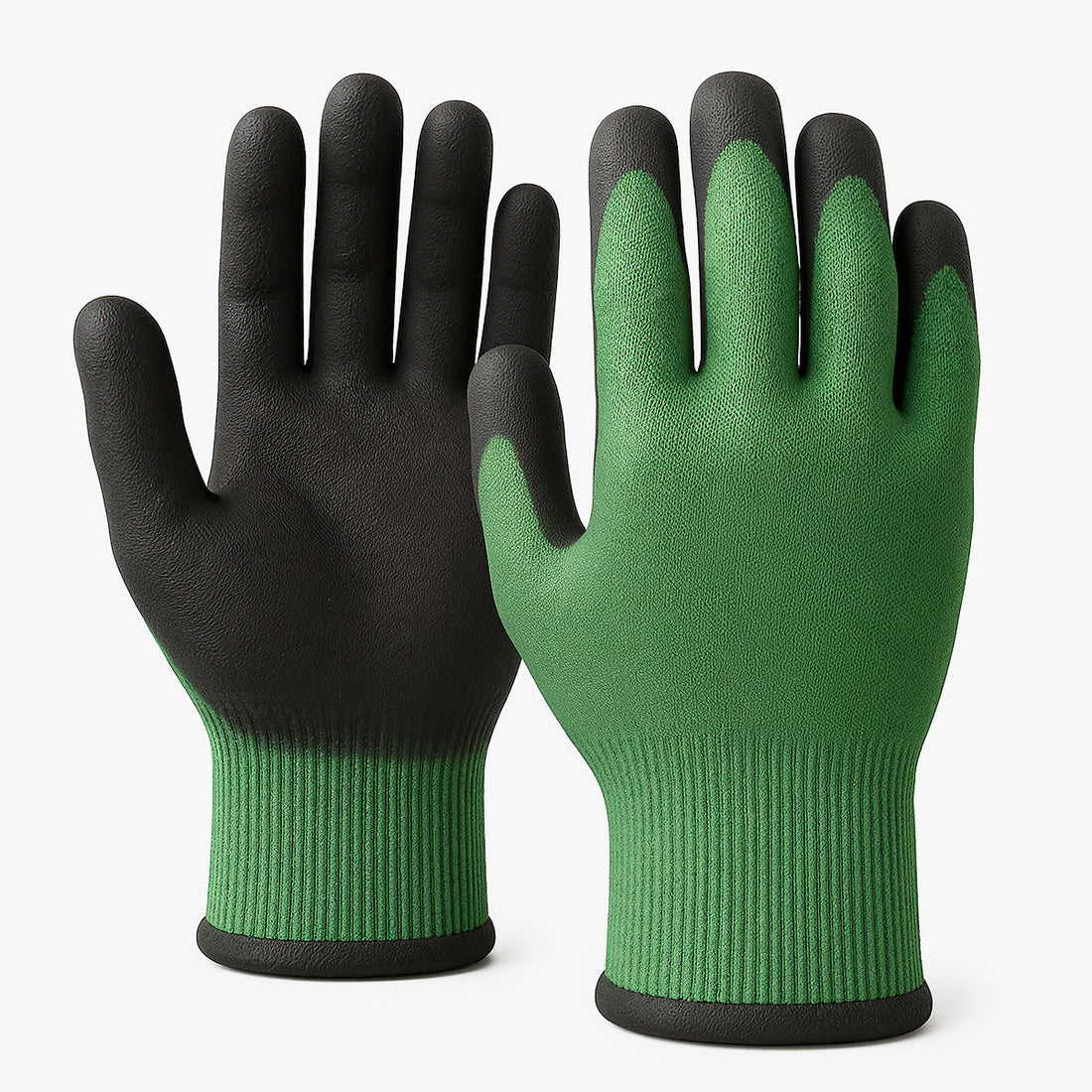 Cut resistant work gloves with green knit shell and black coated palm
