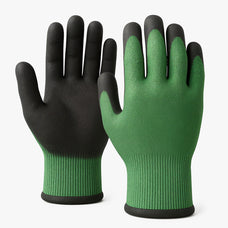 Cut resistant work gloves with green knit shell and black coated palm