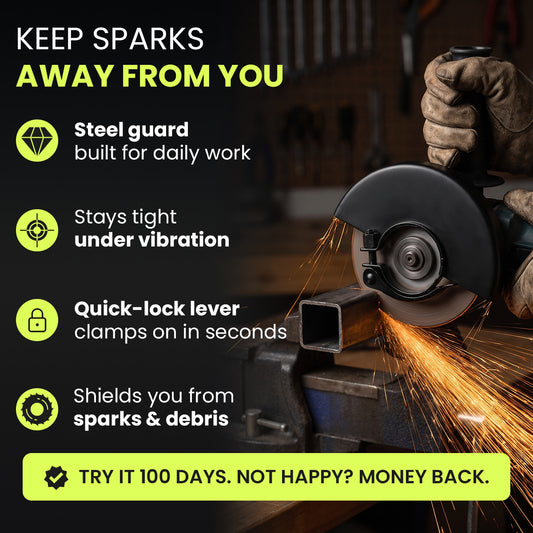 Angle grinder with the guard cutting steel, sparks flying away from the user