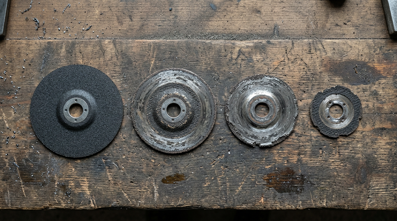 Four cutting discs in a row showing progressive wear from new to worn out stub