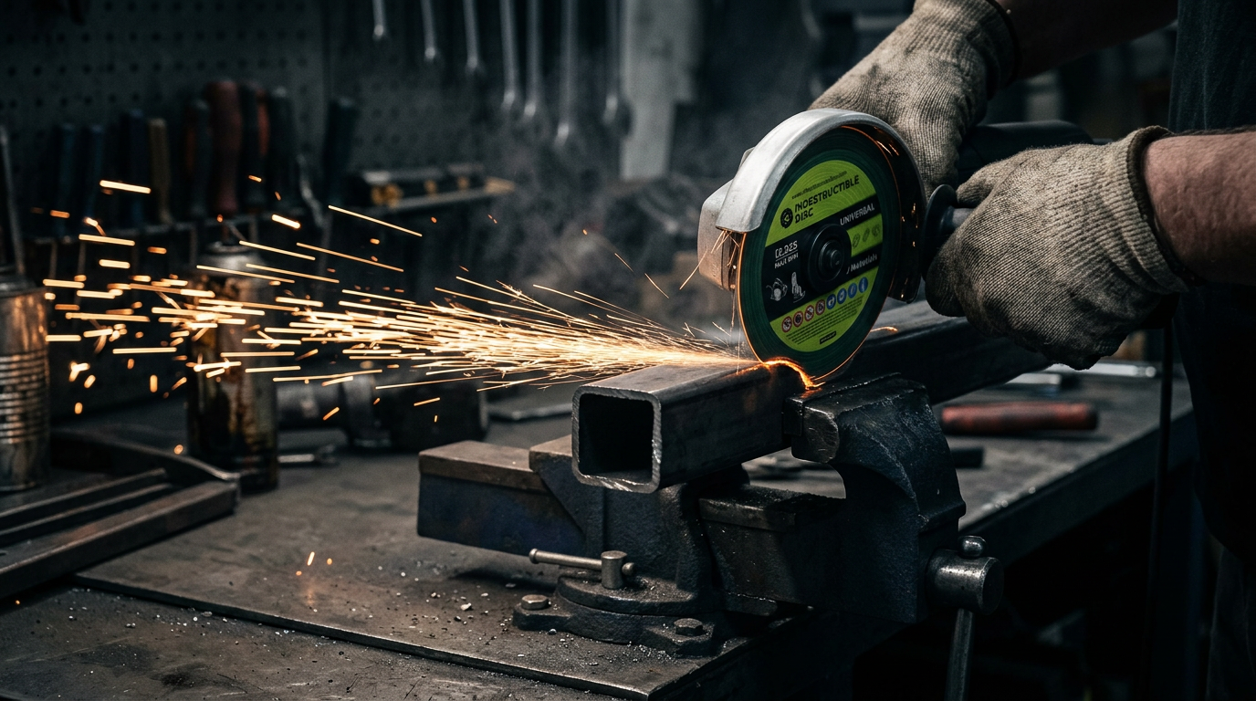 Sparks flying as an angle grinder cuts a steel tube held in a bench vise