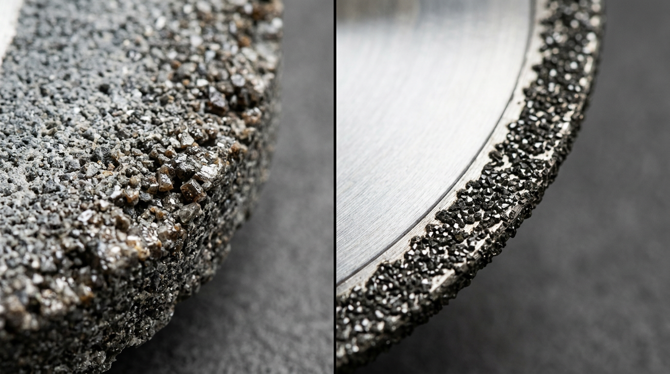 Side by side macro comparison of a grainy abrasive edge and a diamond coated rim