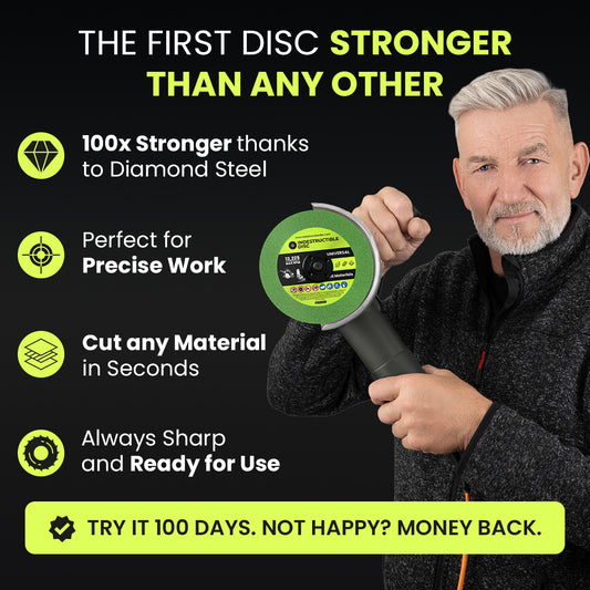 Craftsman holding an angle grinder with the green Indestructible Disc