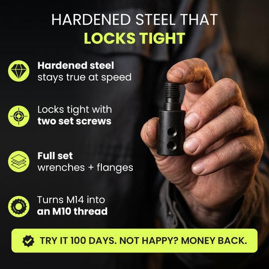 Hand holding the hardened steel M14 to M10 adapter for angle grinders
