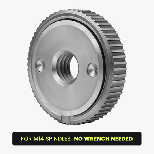 Quick-lock nut for angle grinders with knurled steel rim, M14 thread