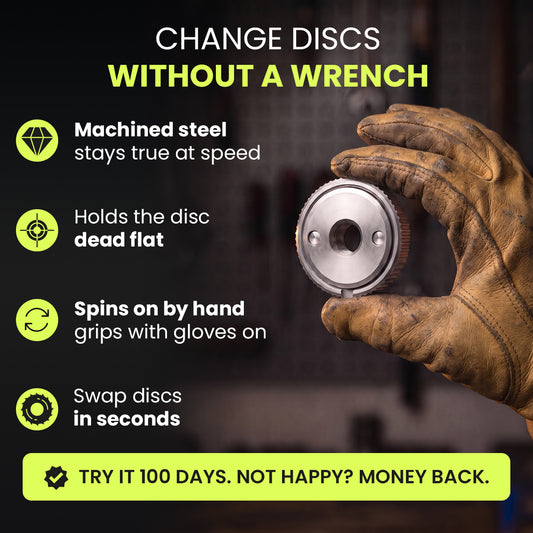 Gloved hand holding the quick-lock nut: machined steel, holds the disc flat, spins on by hand
