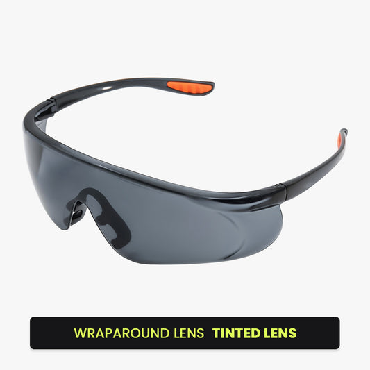 Safety glasses with wraparound smoke tinted lens and soft temple tips