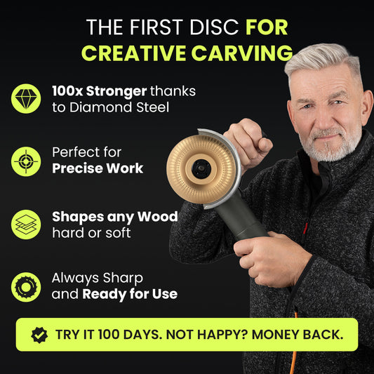 Craftsman holding an angle grinder with the Indestructible Carving Disc for creative wood carving