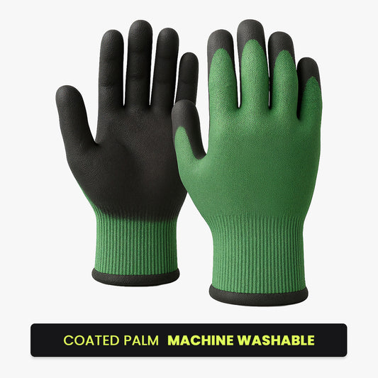 Work gloves with green knit shell and black coated palm